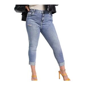 River Island Women High Rise Jeans Plus Size 20 Stretch Blue Distressed Crop